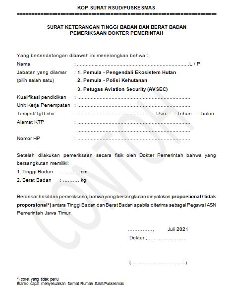 Surat Keterangan Tinggi Badan dan Berat Badan Pemeriksaan Dokter Pemerintah Provinsi Jawa Timur 2021