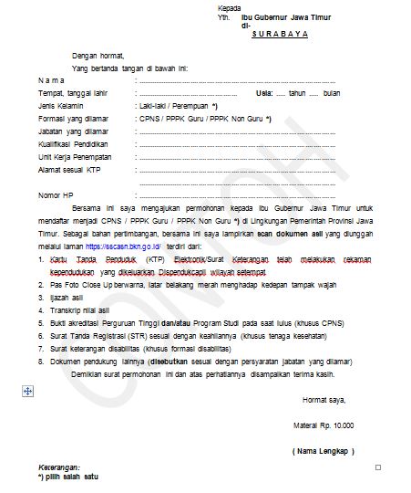 Surat Lamaran CPNS Provinsi Jawa Timur 2021